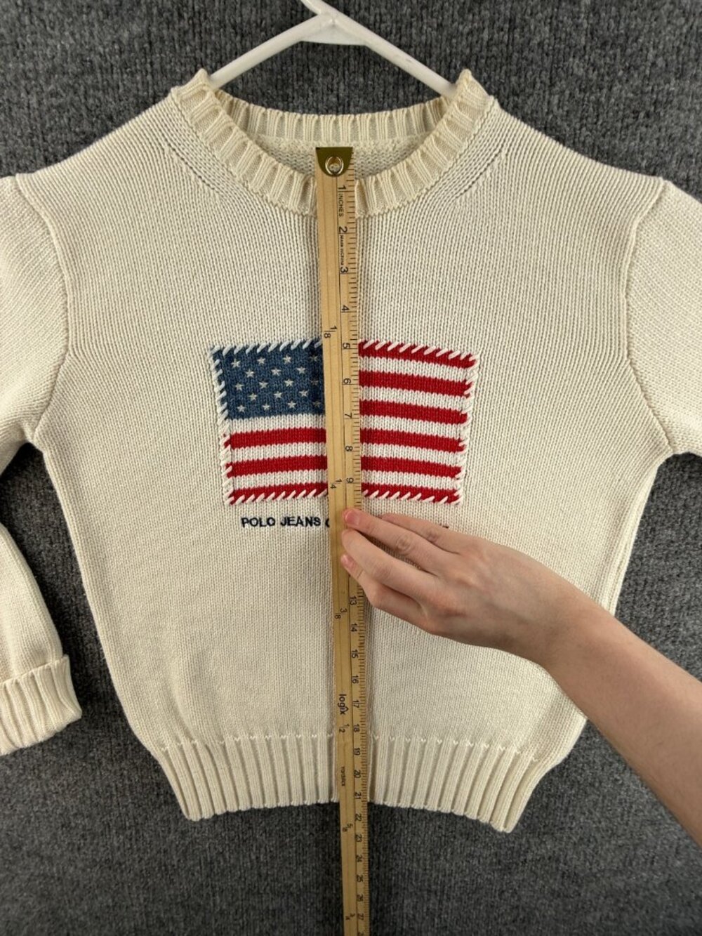 Polo Jeans Co Ralph Lauren Flag Sweater Knit Graphic Pullover Ivory Patriotic - Picture 5 of 16